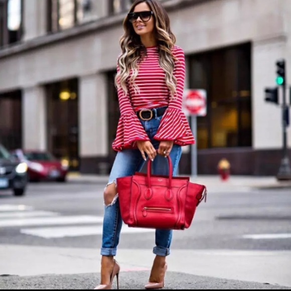 New! Bell Sleeve Red White Stripe Blouse - Picture 7 of 8